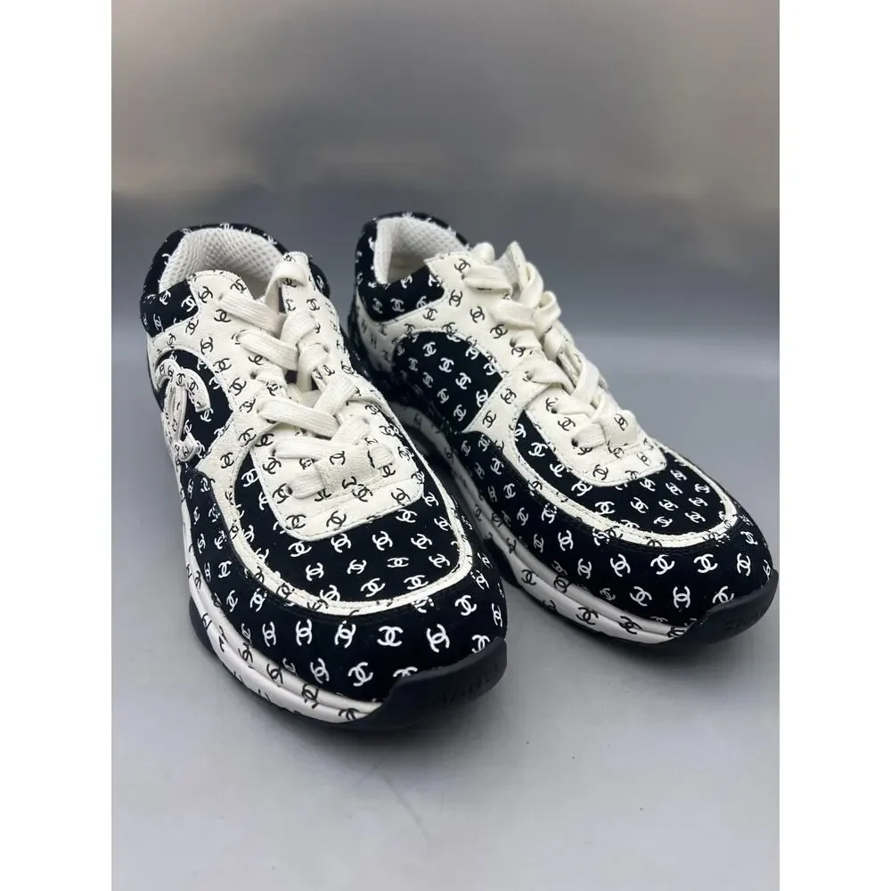 Chanel 22A womens Black White Suede All Over CC Logo Low Top Trainer Sneakers 39